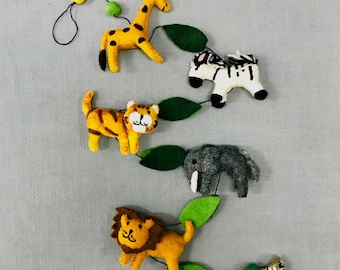 Handmade Felt Jungle Safari Animal Garland - Natural Wool Felt - 4 foot length-48"-Handmade in Nepal-Eco Friendly Wool Animal Garland