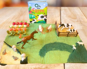 Large Farm Barnyard Felt Playmat with On the Farm Padded Book Set-Farmland Playmat/Handmade from Wool Felt/Waldorf Inspired/Imaginative Play