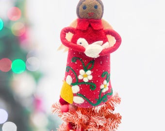Handmade Felt Angel Tree Topper: Brown Angel with Dove & Floral Dress