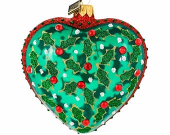 Holly Heart-Handmade Heart Shaped Glass Christmas Ornament-Made in Poland-Glass Jeweled Heart Ornament-Hand Blown Glass Ornament-Polish Made
