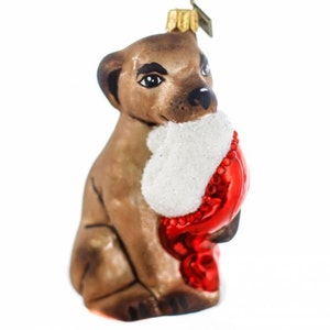 Puppy-It&#39;s Christmas Already!-Handmade Puppy Glass Christmas Ornament-Made in Poland-Puppy Dog with Stocking Blown Glass Christmas Ornament