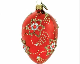 Blown Glass Egg Christmas Ornament-Handmade Red with Golden Flowers Faberge Egg Glass Bauble- Made in Poland-Jeweled Holiday Tree Decoration