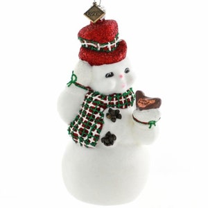 Handmade Snowman Glass Christmas Ornament-Snowman with a Bird-Made in Poland-Flocked Nostalgic Snowman Christmas Bauble-Retro Holiday Decor