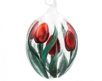 Red Tulip Blown Glass Egg Ornament-Handmade Faberge Egg Glass Christmas Tree Ornament-Made in Poland-Glass Egg Holiday Ornament Handpainted