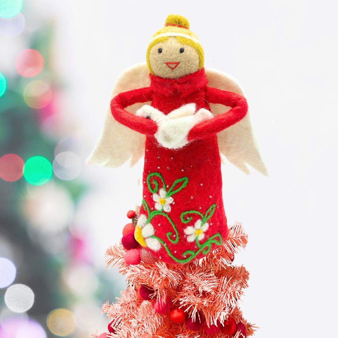 Handmade Felt Angel Tree Topper Holding Dovehand Felted Christmas