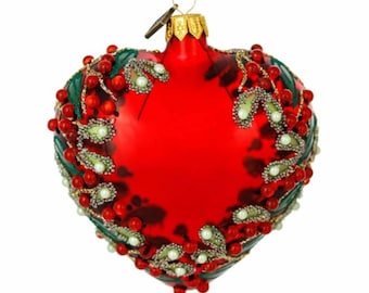 Blown Glass Heart Christmas Ornament:Jewel Embellished Heart Bauble,Glass Heart Keepsake Bauble,Festive Holiday Holly Berry Tree Decoration