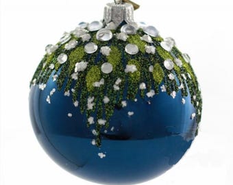Navy Glass Ball Christmas Ornament with Berries-Made in Poland-Jeweled Glass Holiday Ornament-Winter Festive Tree Decor,Christmas Tree Decor