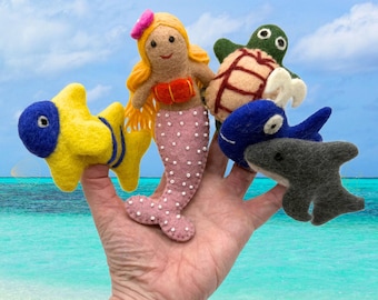 Mermaid & Sea Animals Felt Finger Puppet 5 pc Set: Handmade Mermaid,Whale,Turtle,Fish and Dolphin Puppets, Ocean Themed Toy, Imaginary Play
