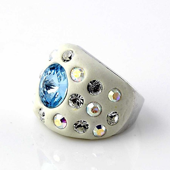 Items similar to Swarovski Crystal, Polymer Clay, Rhodium Ring, Size 9