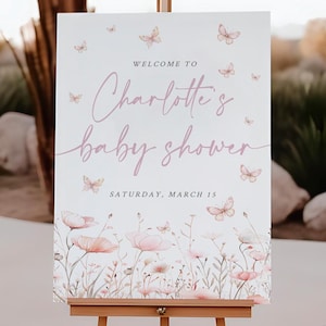 Boho Baby Shower Welcome Sign Template, Pink Wildflower Baby Shower Sign, Editable Floral Welcome Poster for Baby Girl, Baby In Bloom