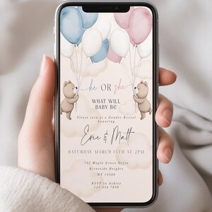 Plantilla de invitación para revelar el género del bebé, invitación para fiesta de revelación de género, Baby Shower con globos de oso, rosa o azul, SO3091