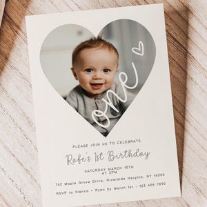 Photo First Birthday Invitation Template, Editable 1st Birthday Party Invite, Printable Minimalist 1st Birthday, Gender Neutral Birthday