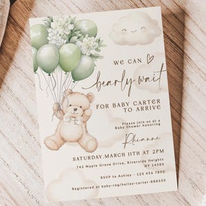 Bearly Wait Baby Shower Invitation Template, Gender Neutral Boho Sage Bear Baby Shower, Green Balloon Baby Shower Evite, SO3127