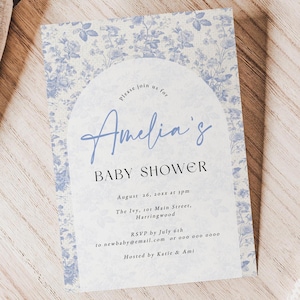 Blue Chinoiserie Baby Shower Invitation Template, Toile Blue Baby Shower, Editable Vintage Boy Baby Shower Invite, Instant Download, SO3222