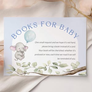 Olifantboeken voor babykaart, afdrukbaar boekverzoek, blauw babyshowerboek voor baby invoegen, jongensbabyshower, SO3180