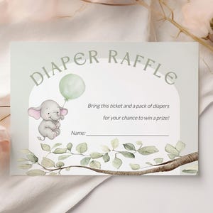 Carte de tombola de couches éléphant, carte de demande de couches imprimable, billet de tombola couches vert sauge, insert de tombola baby shower garçon, SO3182