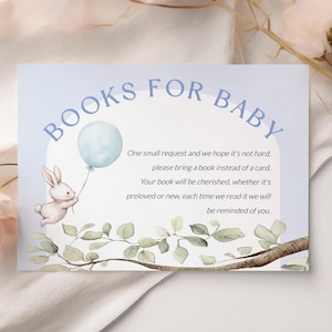 Carte de voeux lapin pour bébé, demande de livre à imprimer, livre bleu baby shower pour bébé, shower de bébé garçon, SO3155