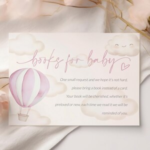 Ballonboeken voor babykaart, afdrukbaar boekverzoekkaart, roze heteluchtballonboeken voor baby, meisje babyshowerboek voor baby invoegen, SO3026