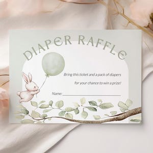 Carte de tombola couches lapin, carte de demande de couches imprimable, billet de tombola couches vert sauge, insert de tombola baby shower garçon, SO3157