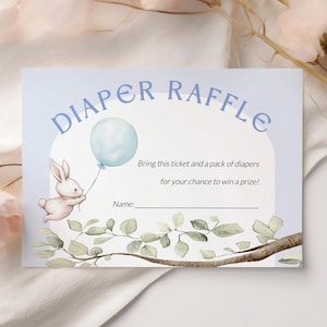 Carte de tombola couches lapin, carte de demande de couches imprimable, billet de tombola couches bleues, insert de tombola baby shower garçon, SO3155