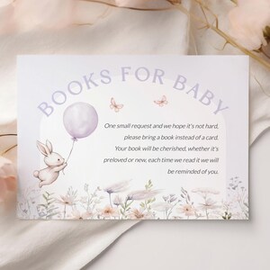Bunny-boeken voor babykaart, afdrukbaar boekverzoek, lila babyshowerboek voor baby invoegen, babyshower meisje, SO3156