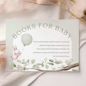 Carte de voeux lapin livres pour bébé, demande de livre à imprimer, livre de baby shower sauge pour bébé, shower de bébé garçon, SO3157