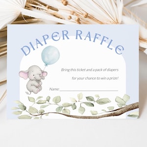 Carte de tombola de couches éléphant, carte de demande de couches imprimable, billet de tombola couches bleues, insert de tombola baby shower garçon, SO3180