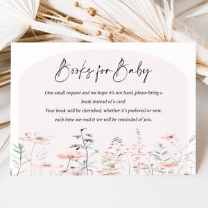 Wildflower-boeken voor babykaart, afdrukbare boekverzoekkaart, bloemenboeken voor baby, roze babyshowerboek voor baby invoegen, SO3097
