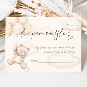 Bearly Wait luierloterijkaart, afdrukbare luierverzoekkaart, beer ballon luier loterijticket, babyshower loterij invoegen, SO3011