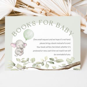 Carte de naissance éléphant, demande de livre à imprimer, livre pour baby shower sauge pour bébé, baby shower garçon, SO3182