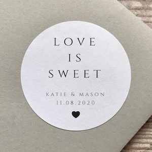 Love is Sweet Sticker, Personalised Wedding Favour Stickers, Party Bag Stickers, Sweet Bag Stickers, Cake Bag Stickers