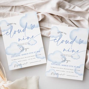 Cloud Nine Baby Shower Invitation Template, Printable Boho Cloud Baby Shower, Cloud 9 Baby Shower Evite, Blue Baby Shower, Boy Baby, SO3068