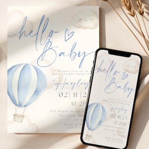Modello di invito per baby shower con mongolfiera / Invito stampabile per baby shower per bambini / Invito per baby shower blu / SO3025