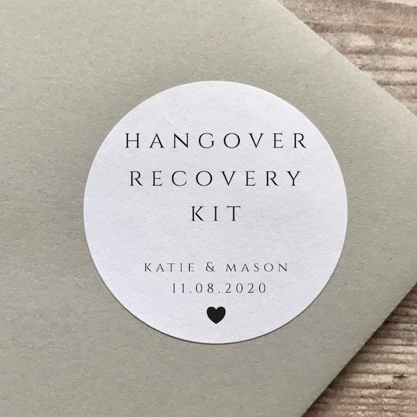 Hangover Recovery Kit Stickers, Personalised Wedding Guest Favour Bag Stickers, Wedding Hangover Kit Labels