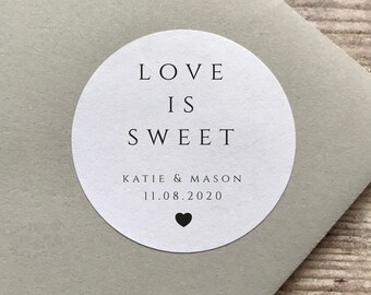Love is Sweet Sticker, Personalised Wedding Favour Stickers, Party Bag Stickers, Sweet Bag Stickers, Cake Bag Stickers