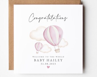 New Baby Girl Card, Personalised Congratulations Newborn Card, Welcome to the World Card, Pink Hot Air Balloon