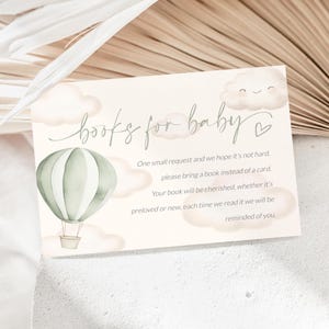 Livres montgolfières pour carte de bébé, demande de livre à imprimer, bébé montgolfière verte, livre baby shower neutre sexiste pour encart bébé, SO3008