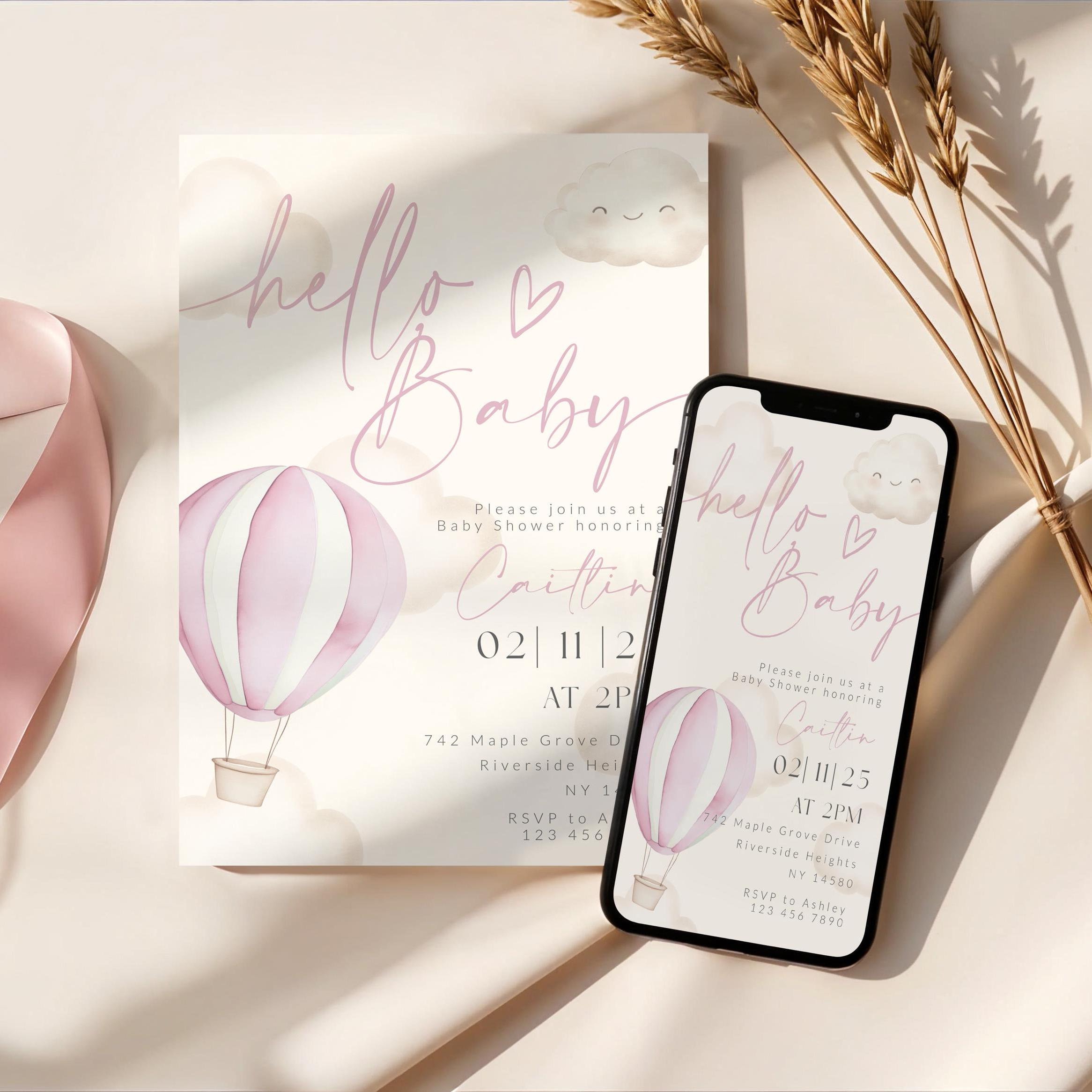 Sjabloon babyshower babyshower heteluchtballon | Afdrukbare uitnodiging  babyshower meisje | Roze babyshowervoorstelling | SO3026 - Etsy België, image size:2332x2332