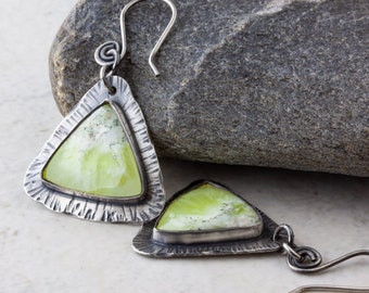Oxidised Sterling-Silver Triangular Dangle Earrings set with Yellow Prehnite Gemstone Cabochons