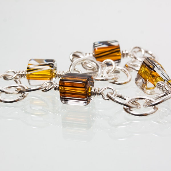 Sterling-Silver Hammered Chain Bracelet with David Christensen Amber and Yellow Cane-Glass Beads