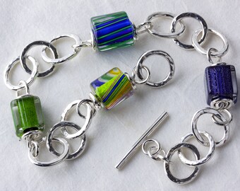 Sterling-Silver Hammered Chain Bracelet with David Christensen Blue/Green Cane-Glass Beads