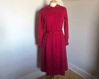 Hot pink vintage 1960's Ciao ltd knitted dress with ruffle collar and cuffs & matching belt