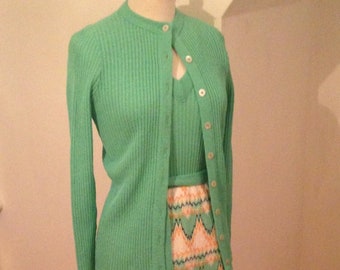 Gorgeous 1960s V-neck knitted mint green and pastel crochet maxi dress with matching belt and cardigan