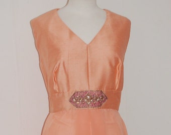 1960s peach chiffon silk party dress with rhinestone detail at the waist- size XL