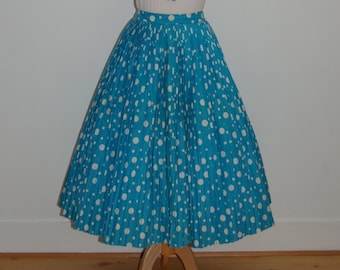 A Stunning 1950s Turquoise and White Polka Dot  Tight Pleated Vintage Skirt- new with original tags