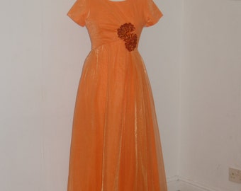 Vintage  tangerine applique 1960S chiffon maxi dress with sequin detail on the bodice