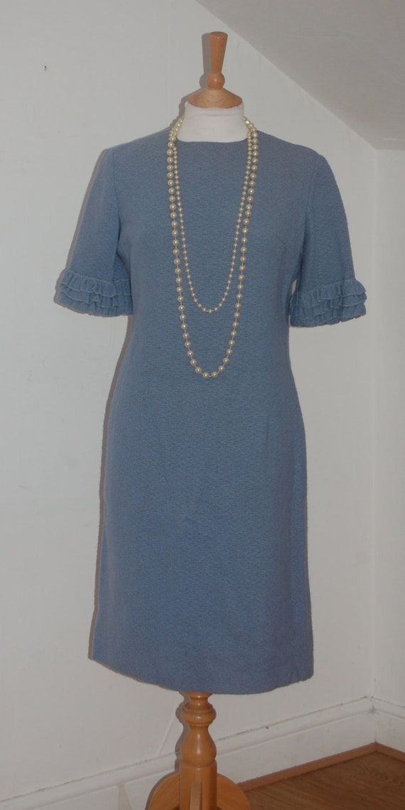 Vintage 1960's light  blue wool wiggle dress with… - image 1