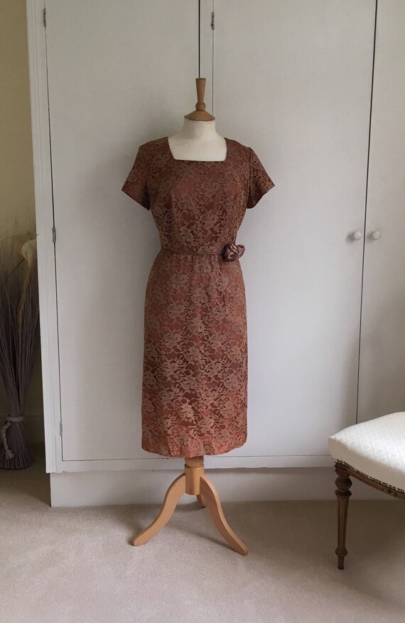 1950's Bronze Lace Wiggle Dress / Cocktail Dress … - image 1