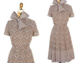 Stunning Vintage 1960's Chocolate Brown and Ivory Harlequin Play Dress