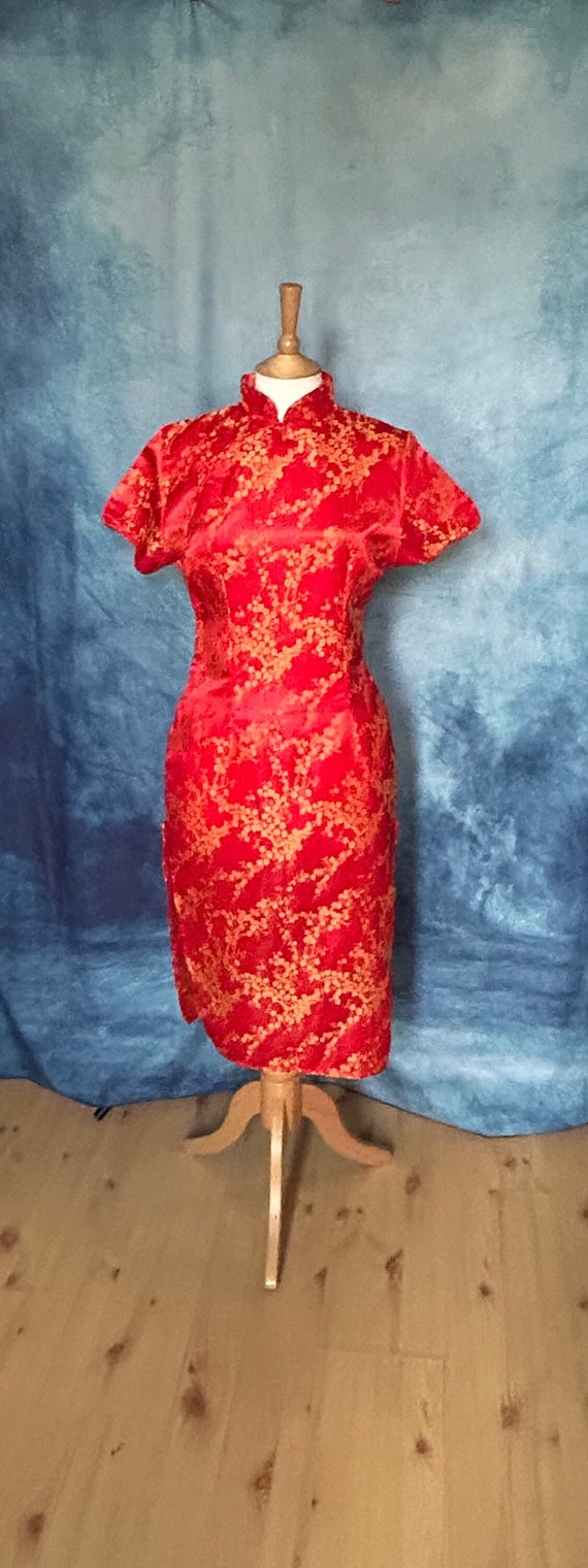 Gorgeous Vintage Red and Gold 1980s Chinese Style Dress S